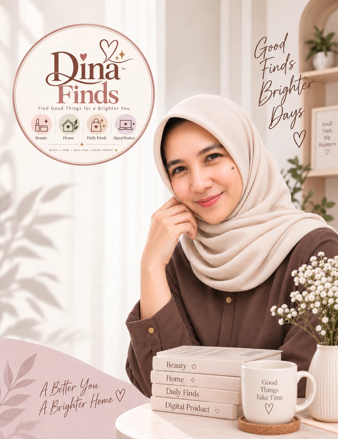 Foto gaya hidup Dina Finds — perempuan berhijab duduk di meja dengan tumpukan buku, cangkir, dan bunga